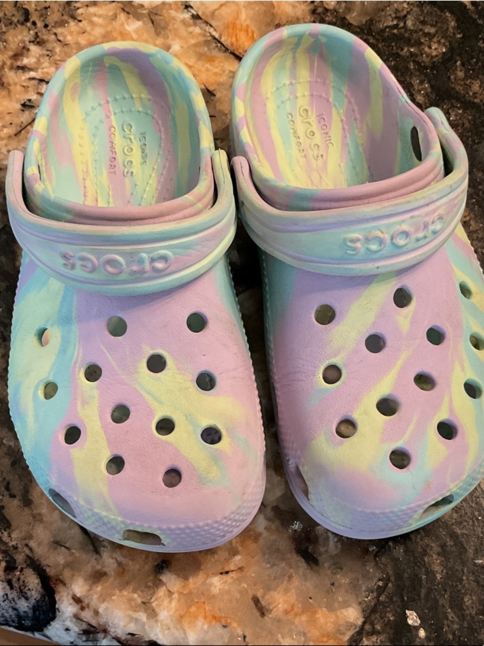 CROCS Kids Pastel Tie-Dye Clogs in Pink, Blue & Cream